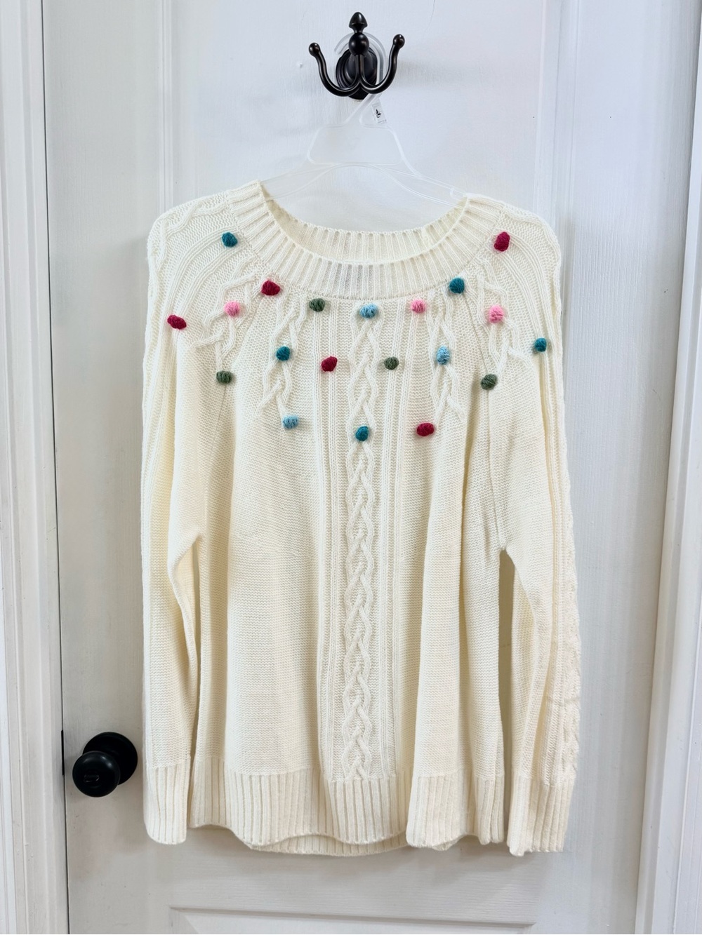 2 for $15 Cream Cable-Knit Crewneck Sweater with Colorful Pom Accents